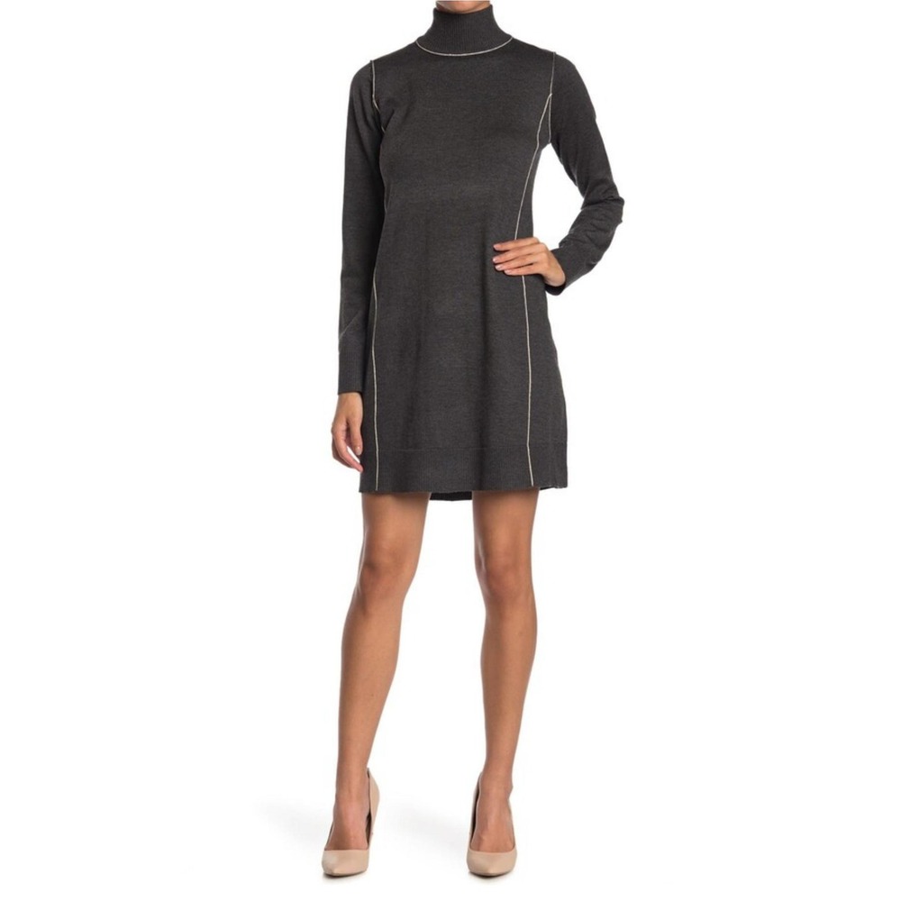 Max Studio Black Mock Neck Sweater Dress LongSleeve Seam Wool Knit Posh Medium